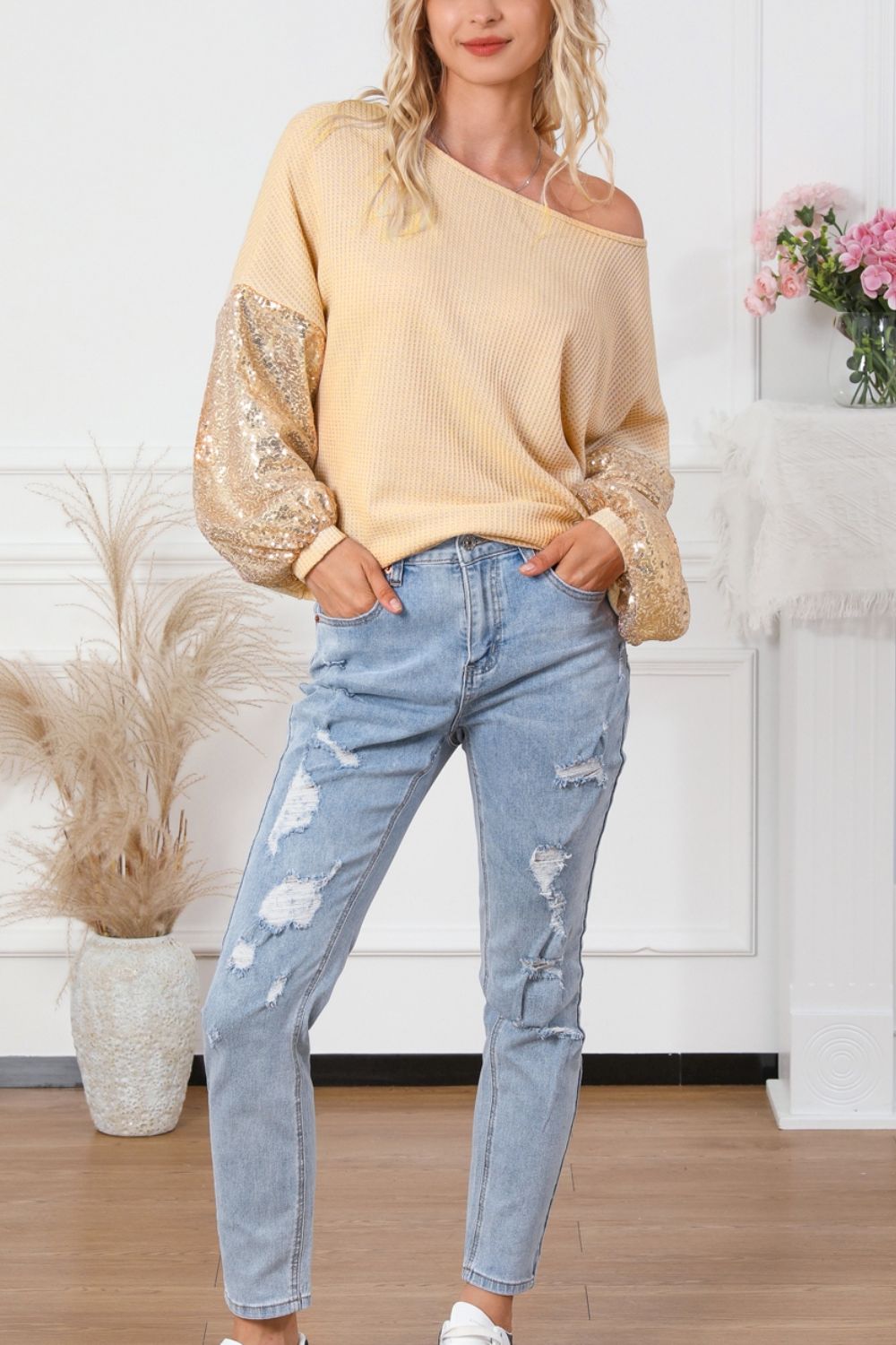 Sequin Crisscross Boat Neck Long Sleeve Blouse - AMIN Clothing 