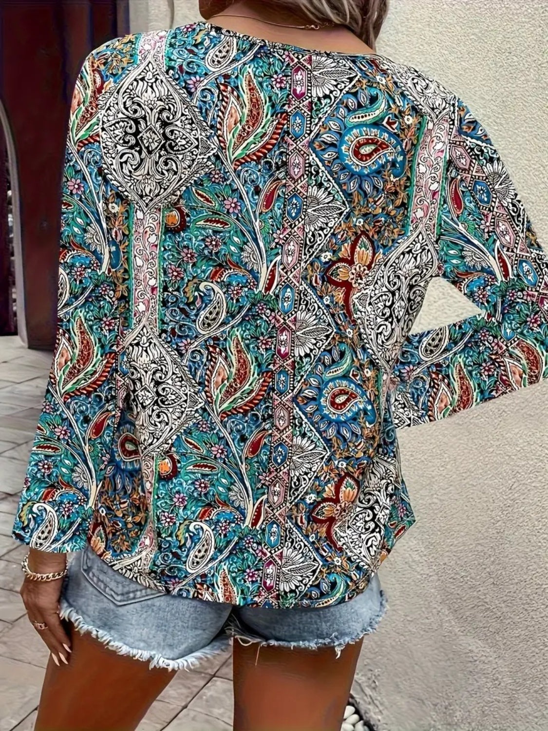 Printed V-Neck Long Sleeve Blouse - AMIN Clothing 