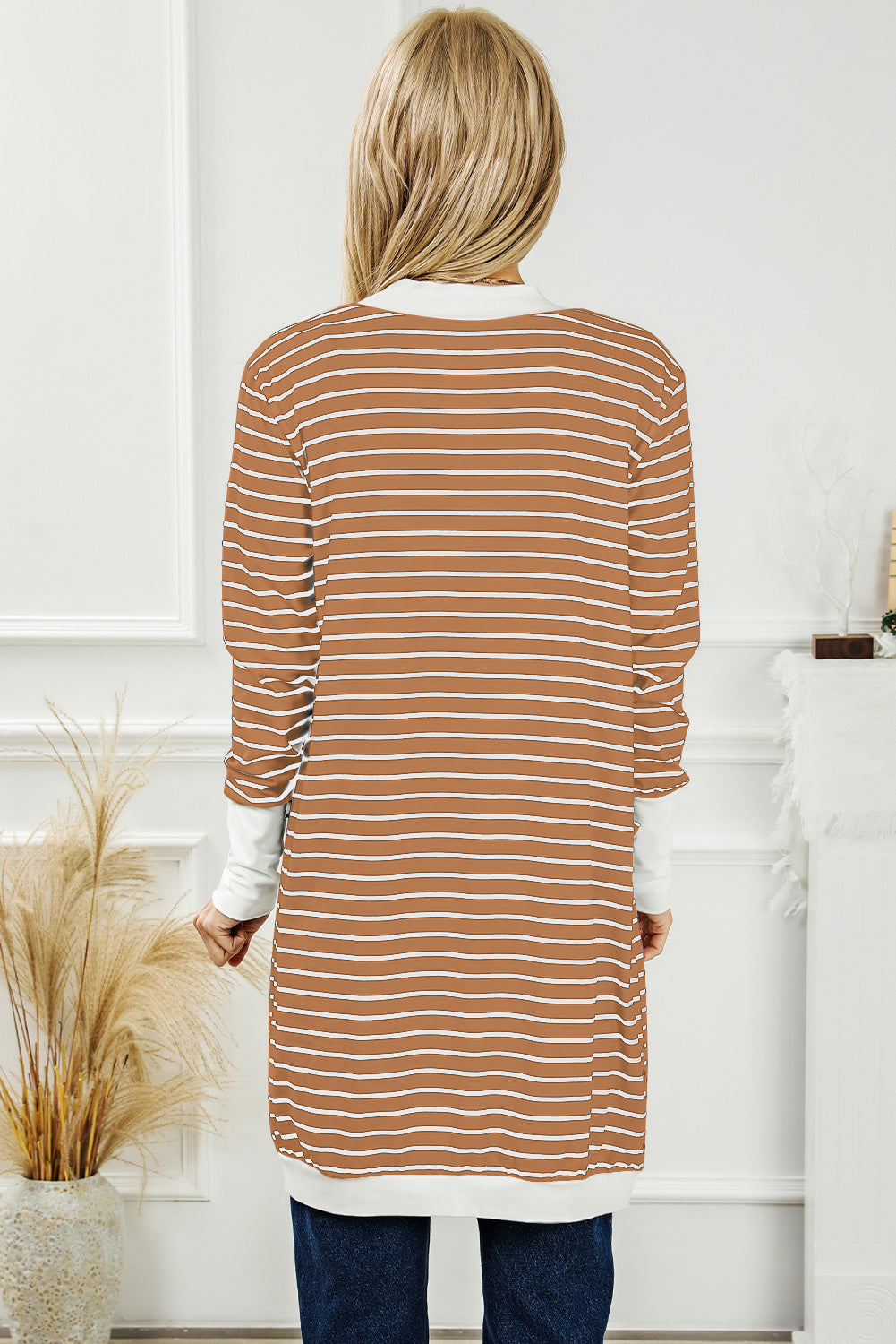 Striped Open Front Longline Cardigan - AMIN Clothing 