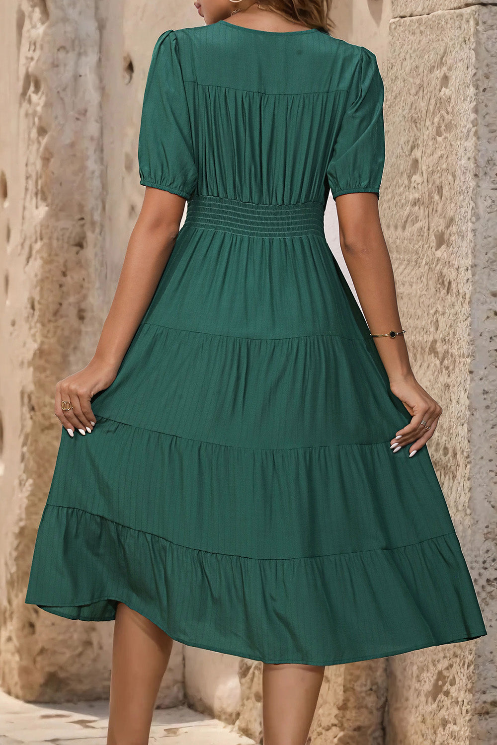 Perfee V-Neck Button Up Balloon Sleeve Midi Dress - AMIN Clothing 