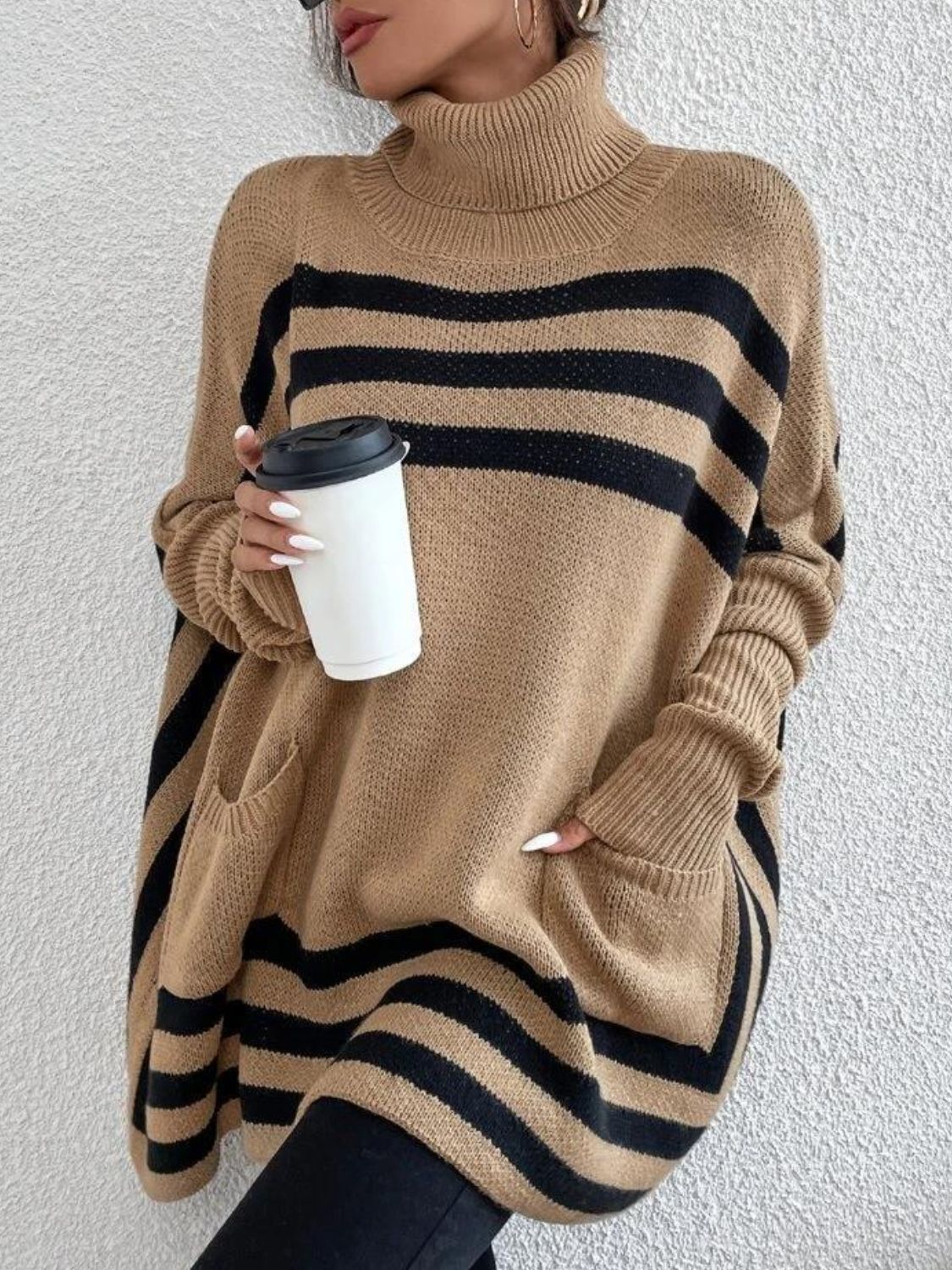 Striped Turtleneck Batwing Sleeve Sweater with Pockets - AMIN Clothing 