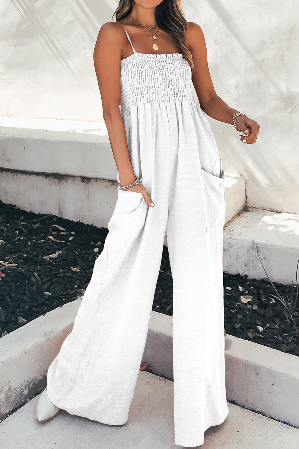 Smocked Spaghetti Strap Wide Leg Jumpsuit - AMIN Clothing 