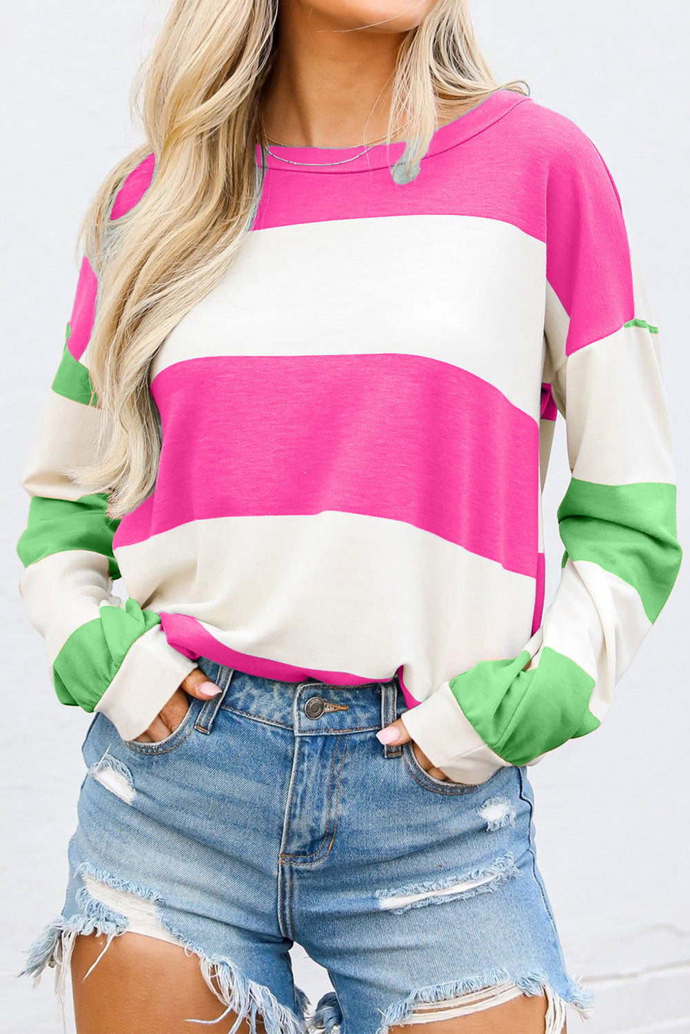 Contrast Color Block Round Neck Long Sleeve Top - AMIN Clothing 