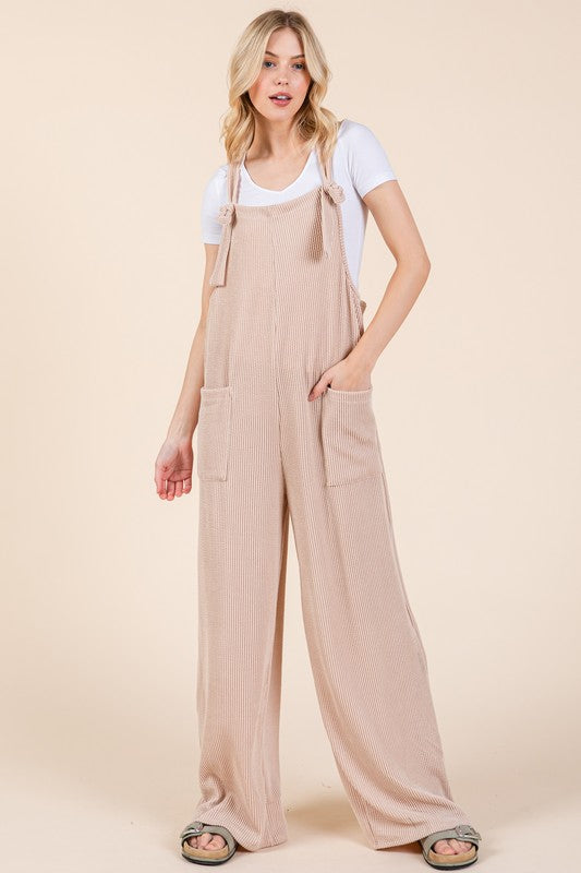 BOMBOM Knot Straps Wide Leg Ribbed Overalls with Pockets - AMIN Clothing 