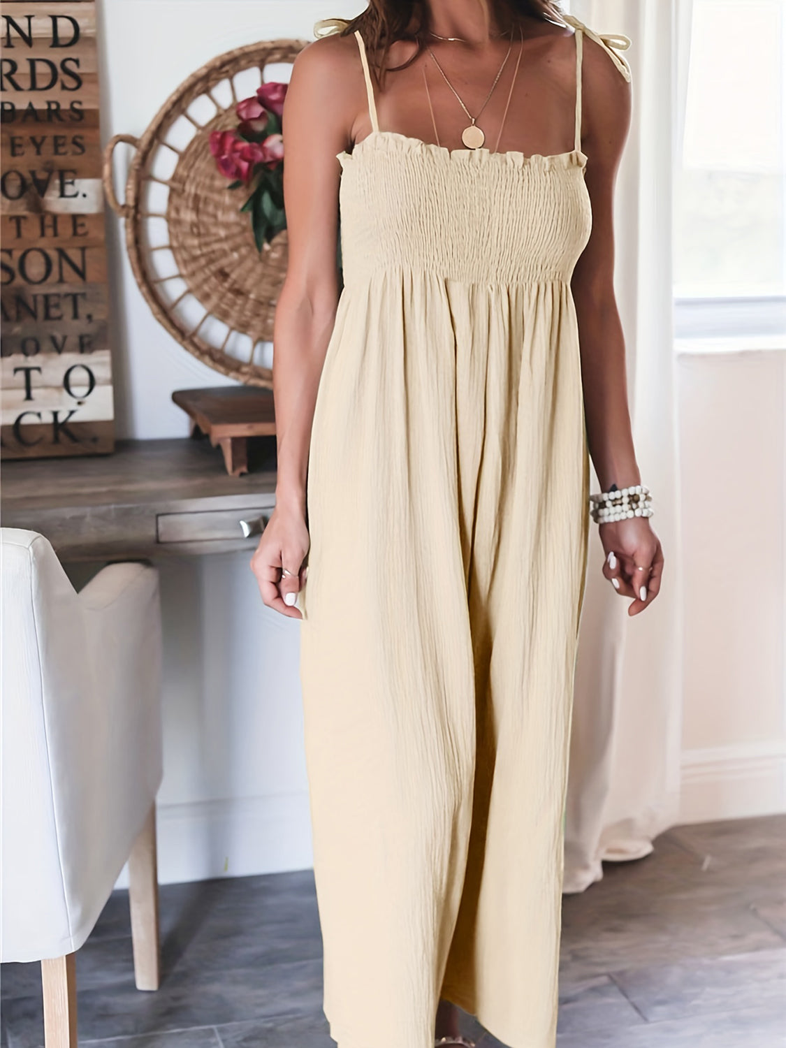 Full Size Smocked Spaghetti Strap Wide Leg Jumpsuit - AMIN Clothing 