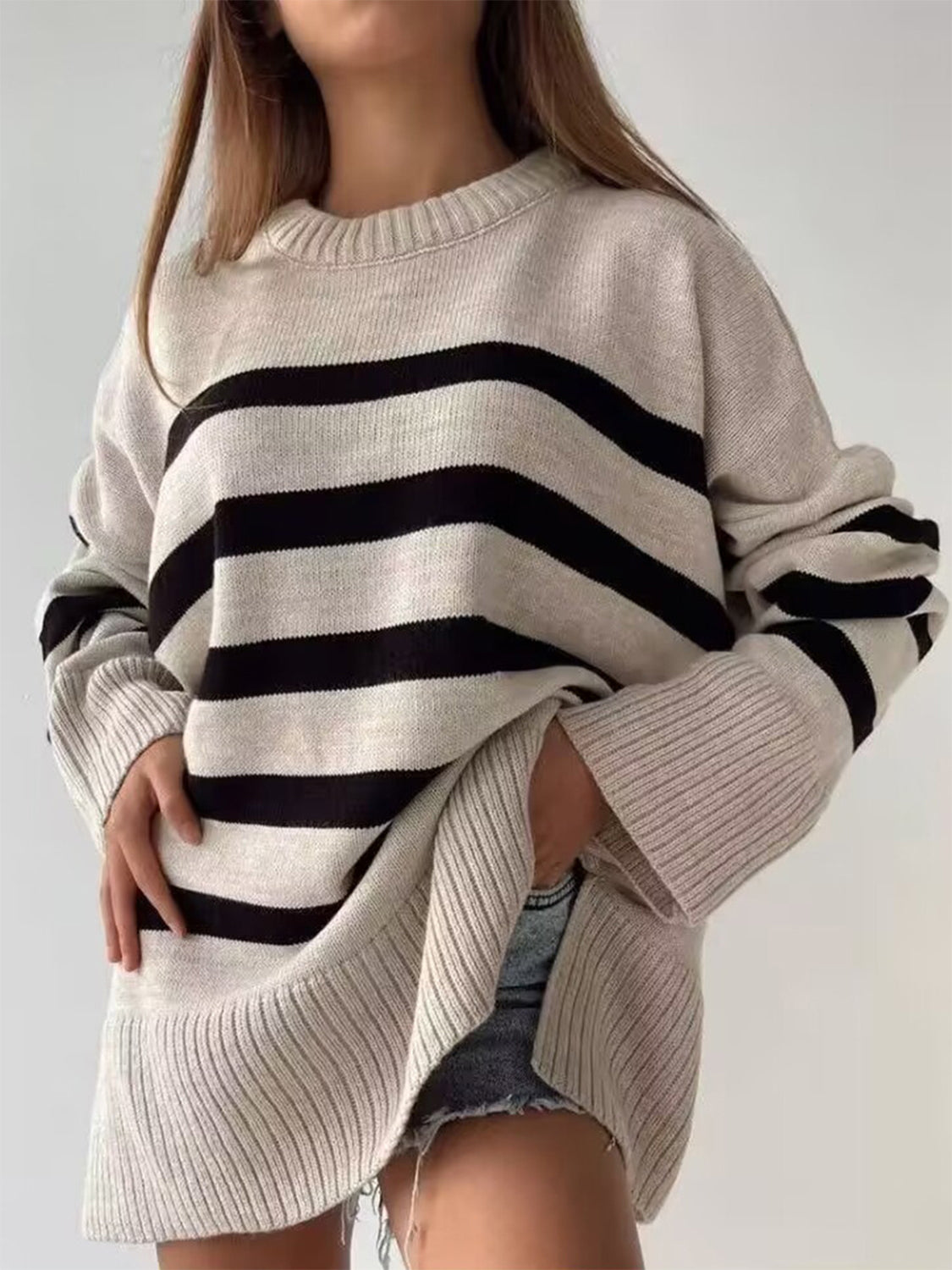 Slit Striped Round Neck Sweater - AMIN Clothing 