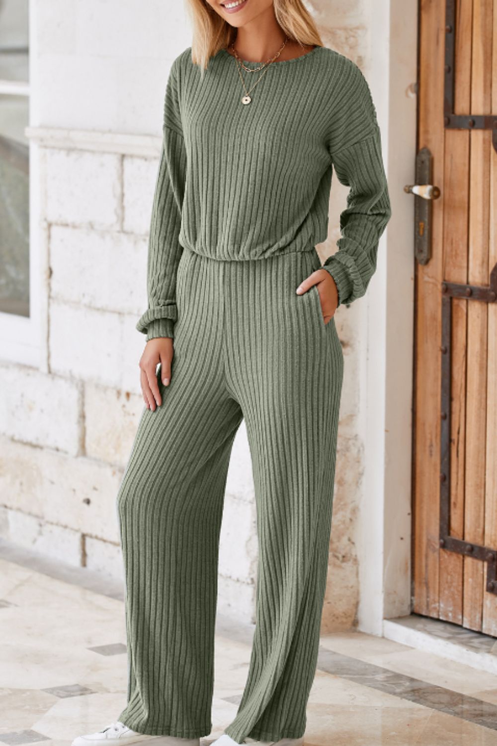 Round Neck Long Sleeve Jumpsuit - AMIN Clothing 