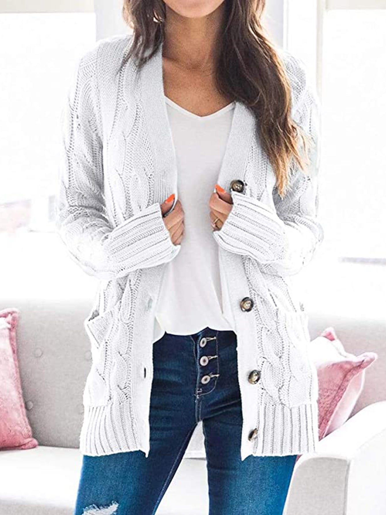 Cable-Knit Buttoned Cardigan with Pockets - AMIN Clothing 