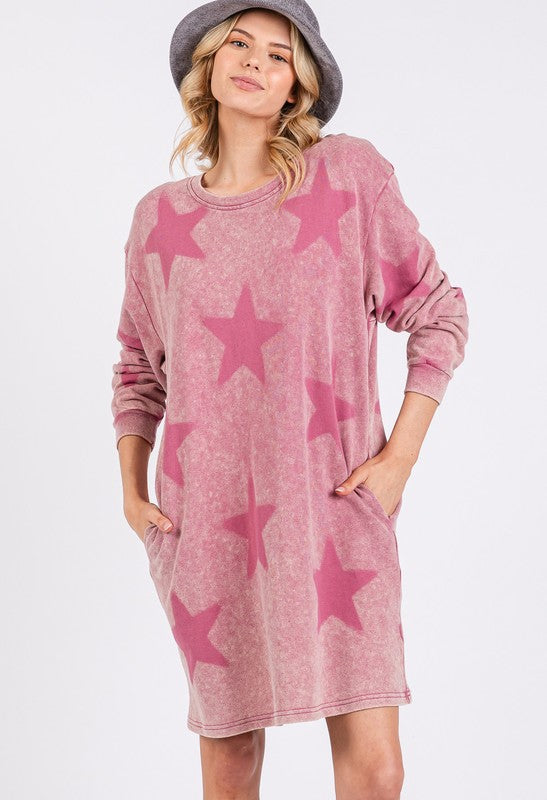 SAGE + FIG Washed Star Print Round Neck Dress - AMIN Clothing 