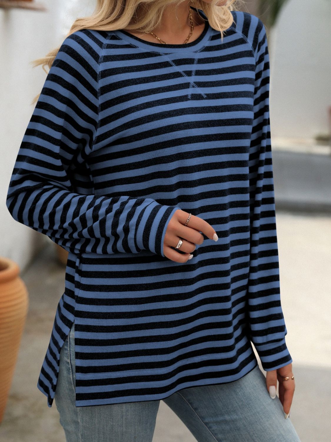 Mandy Striped Round Neck Long Sleeve T-Shirt - AMIN Clothing 