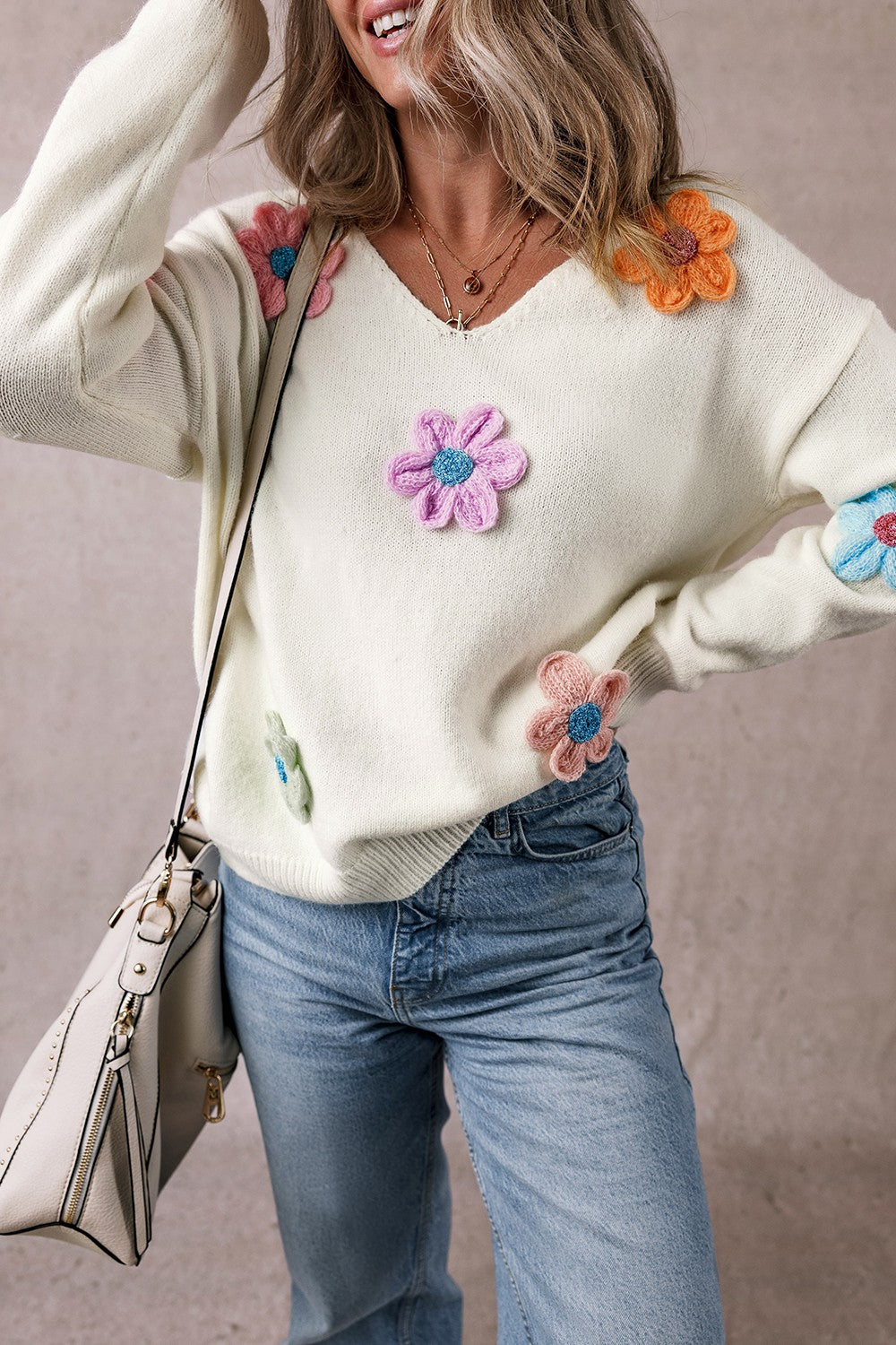 Crochet Flower V-Neck Long Sleeve Sweater - AMIN Clothing 