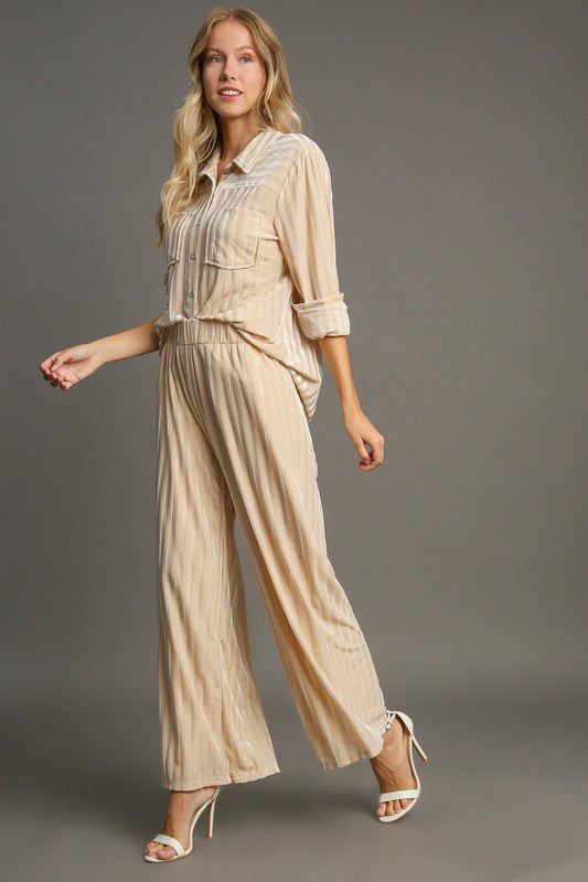 Umgee Elastic Waist Striped Wide Leg Velvet Pants - AMIN Clothing 