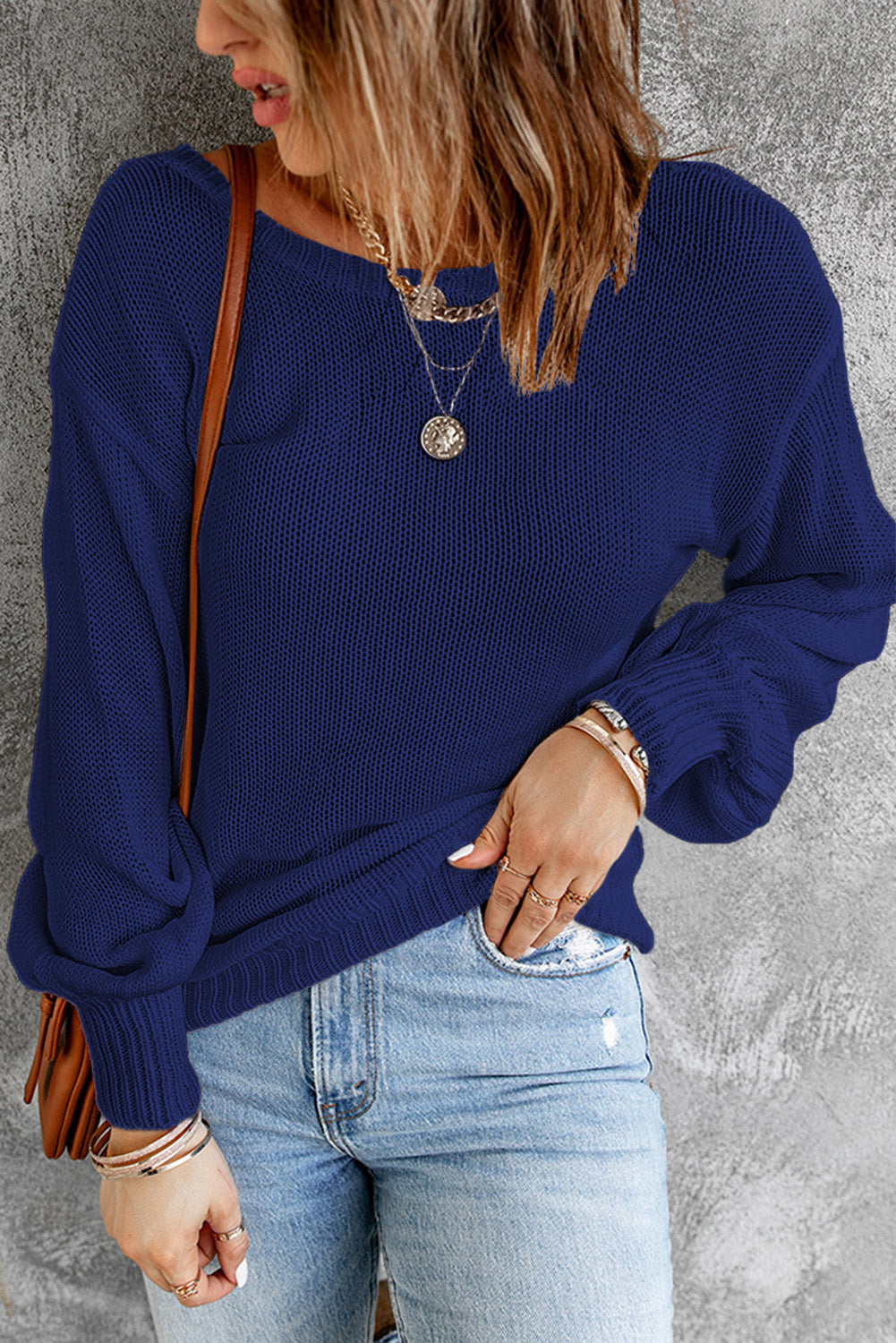 Tied Balloon Sleeve Round Neck Sweater - AMIN Clothing 