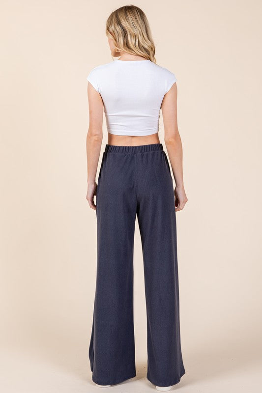 BOMBOM Elastic Waist Wide Leg Pants with Pockets - AMIN Clothing 