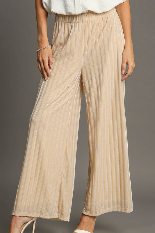 Umgee Elastic Waist Striped Wide Leg Velvet Pants - AMIN Clothing 