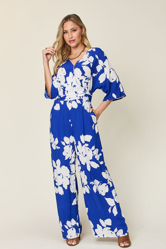 Double Take Full Size Printed Tie Back Wide Leg Jumpsuit - AMIN Clothing 