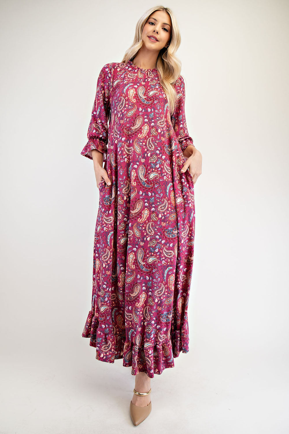 Celeste Full Size Ruffle Hem Paisley Round Neck Dress - AMIN Clothing 