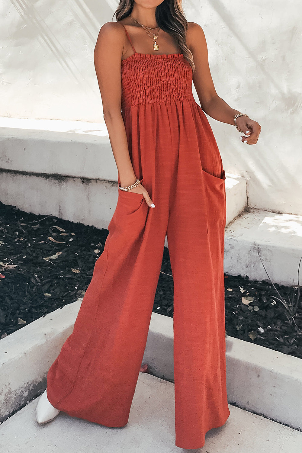 Smocked Spaghetti Strap Wide Leg Jumpsuit - AMIN Clothing 