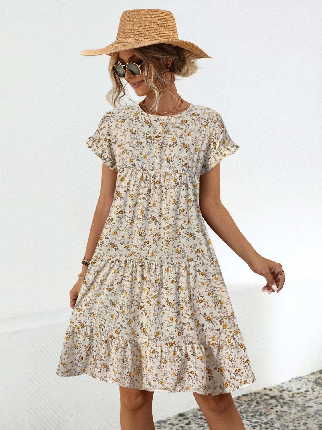 Frill Floral Round Neck Short Sleeve Tiered Dress - AMIN Clothing 