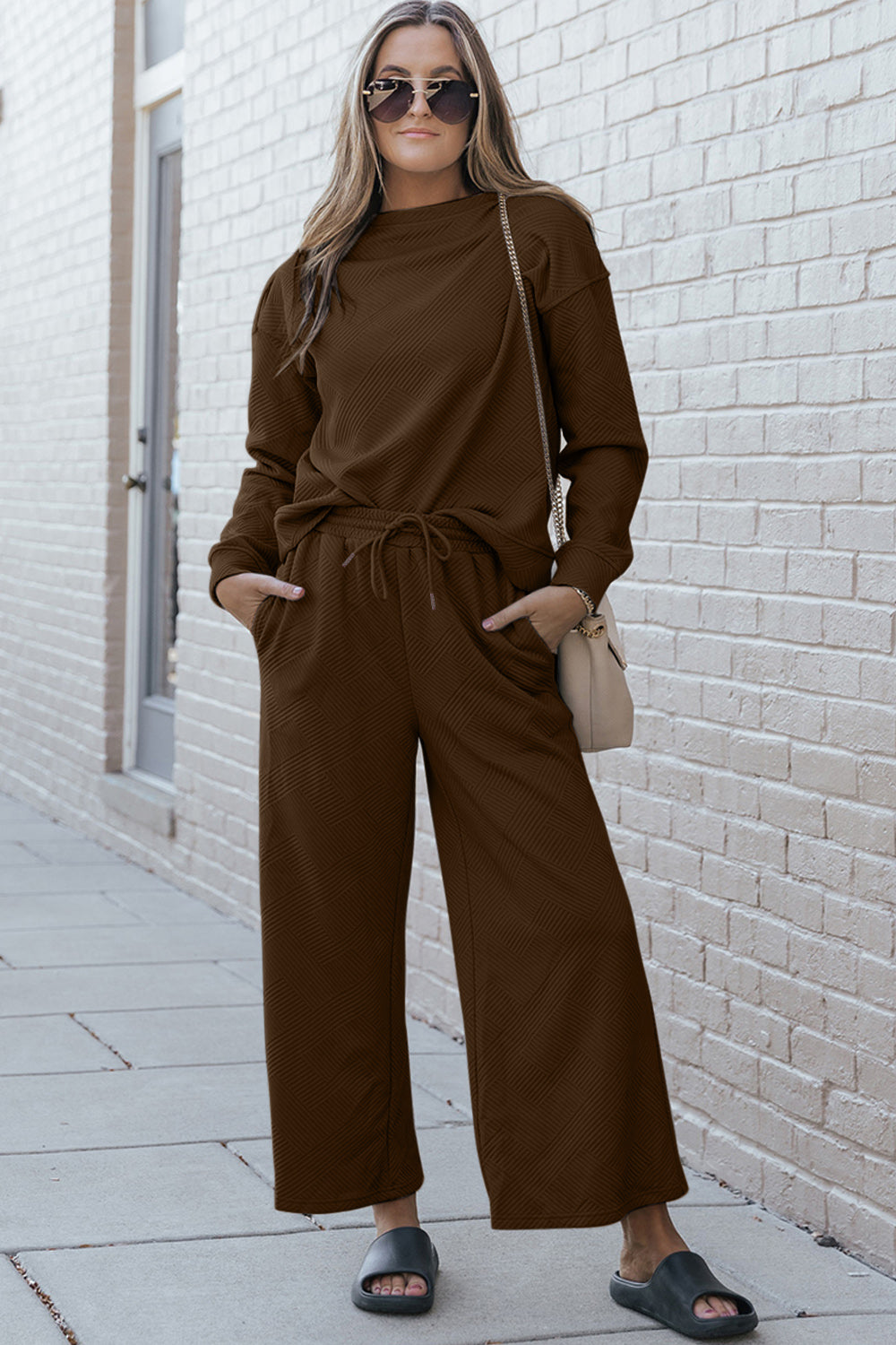 Double Take Full Size Textured Long Sleeve Top and Drawstring Pants Set - AMIN Clothing 