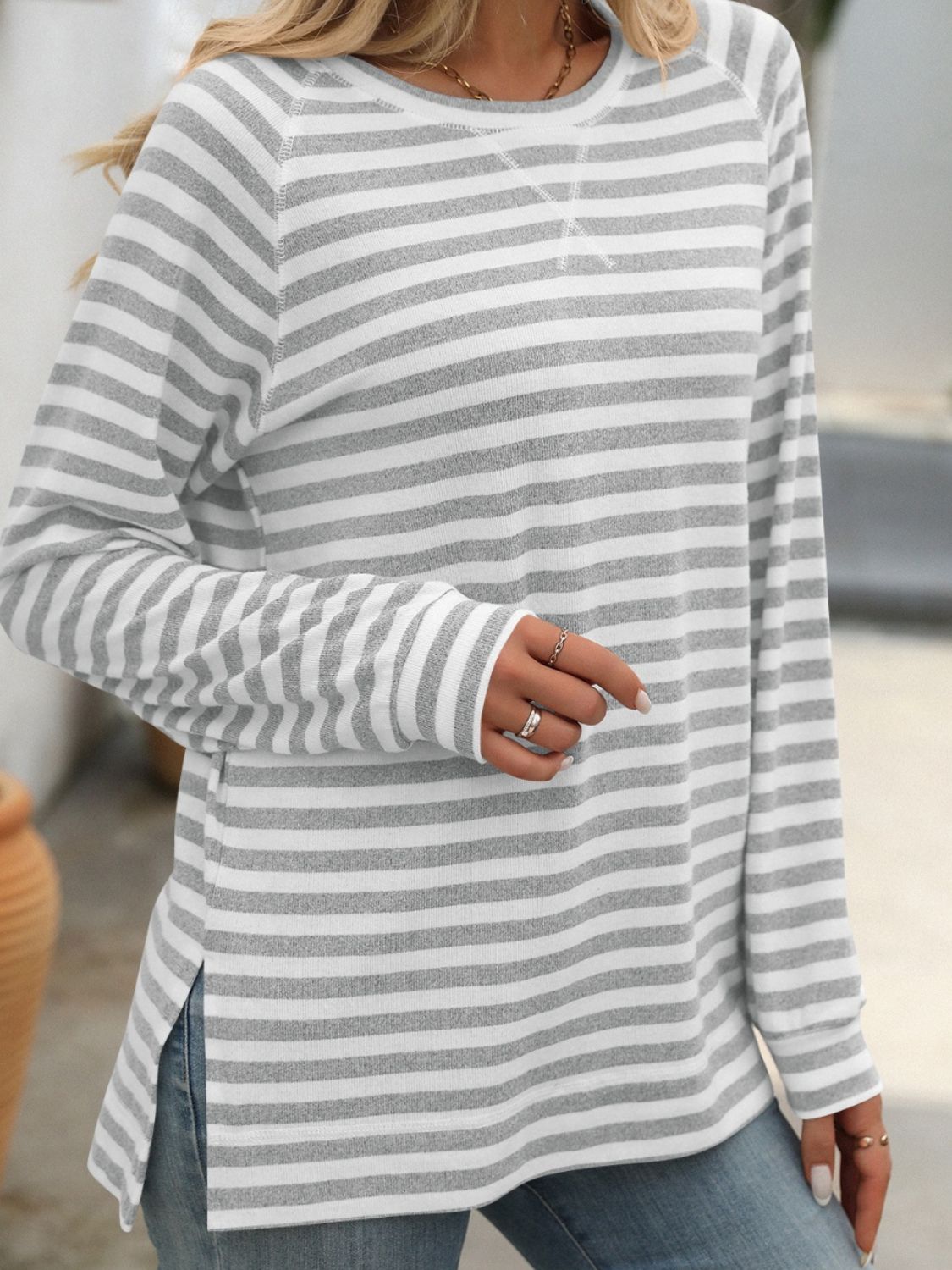 Mandy Striped Round Neck Long Sleeve T-Shirt - AMIN Clothing 