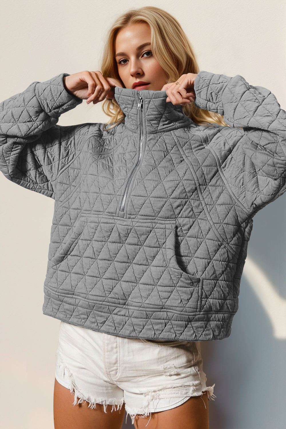 Double Take Half Zip Long Sleeve Quilted Sweatshirt with Pocket - AMIN Clothing 