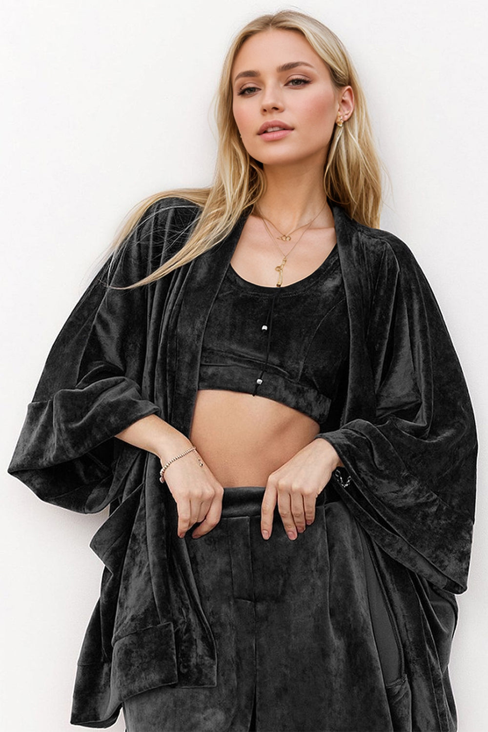 Basic Bae Buttery-Soft Bra, Open Front Cardigan and Shorts Set - AMIN Clothing 