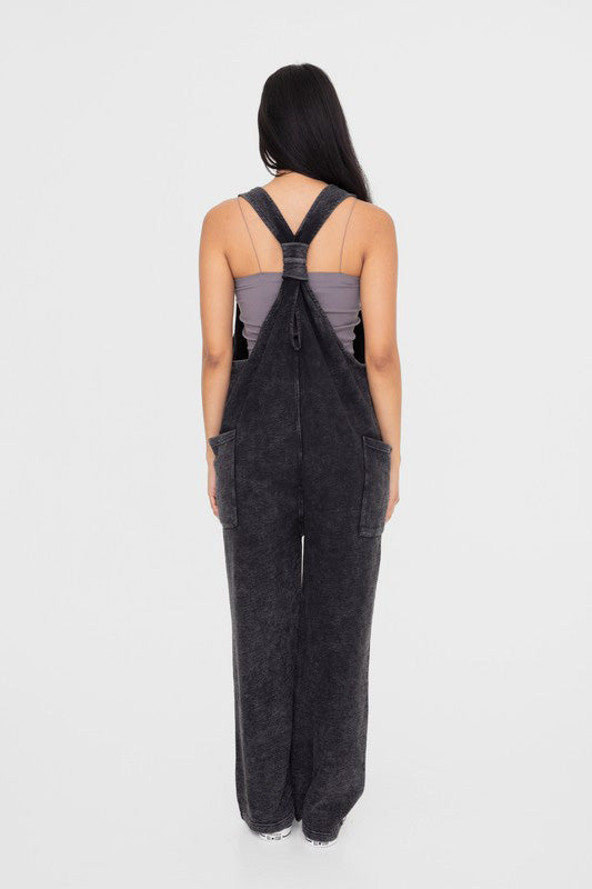 Mono B Mineral-Washed V Neck Overalls with Pockets - AMIN Clothing 