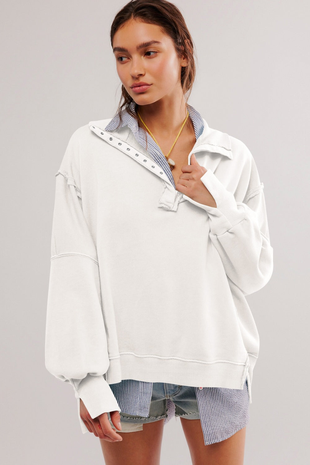 Exposed Seam Side Slit Long Sleeve Sweatshirt - AMIN Clothing 