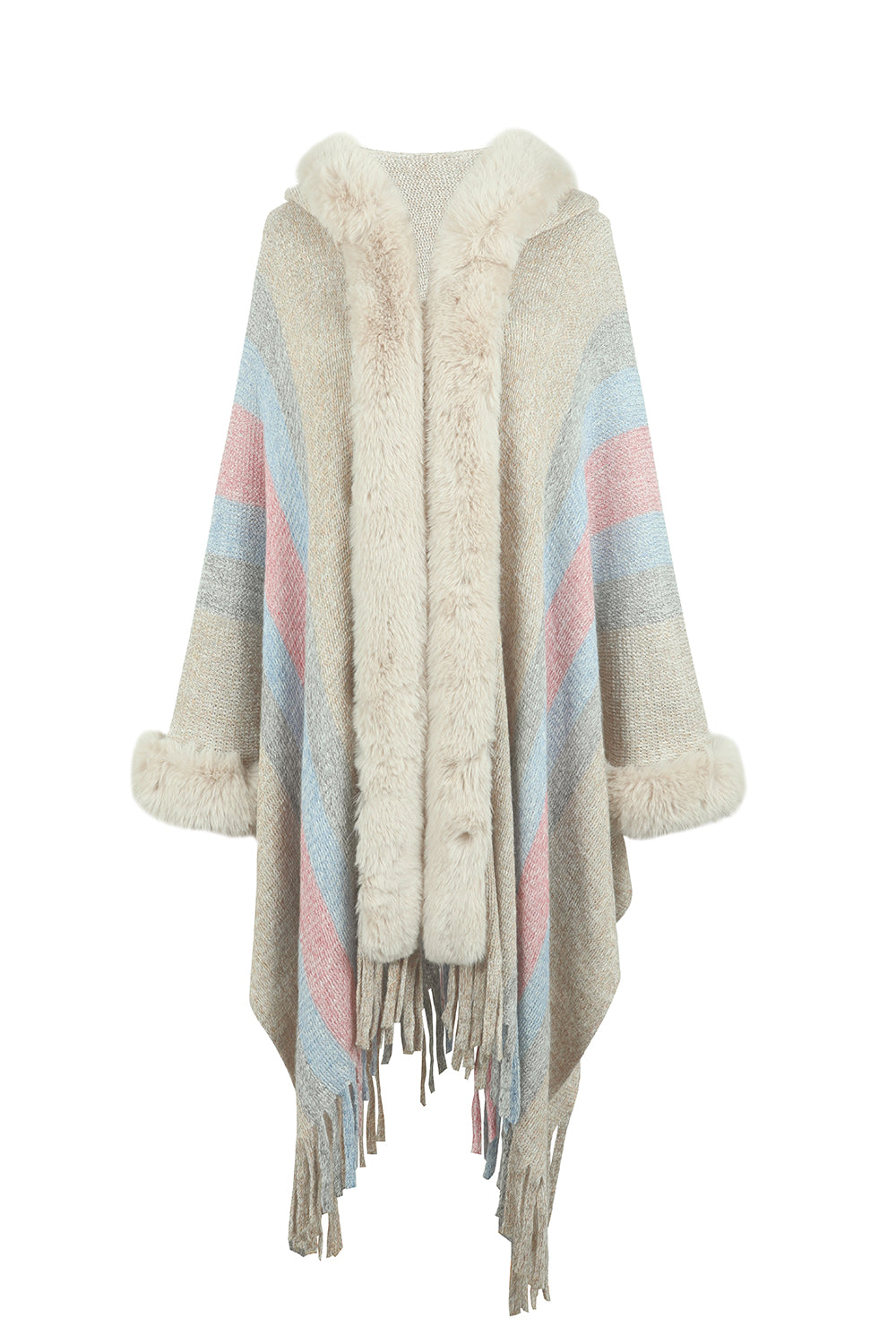 Color Block Fringe Detail Poncho - AMIN Clothing 