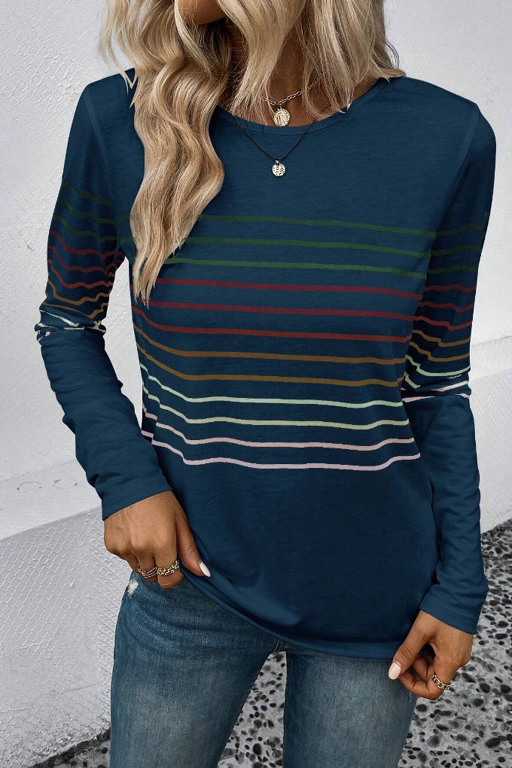 Striped Round Neck Long Sleeve T-Shirt - AMIN Clothing 