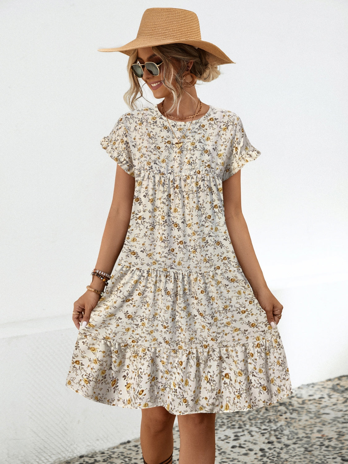 Frill Floral Round Neck Short Sleeve Tiered Dress - AMIN Clothing 