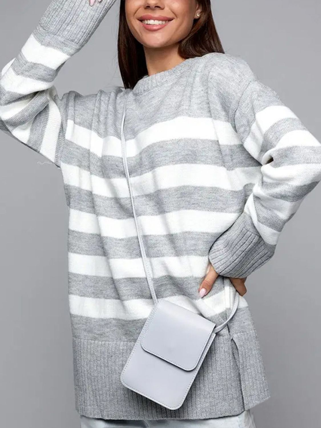 Slit Striped Round Neck Sweater - AMIN Clothing 