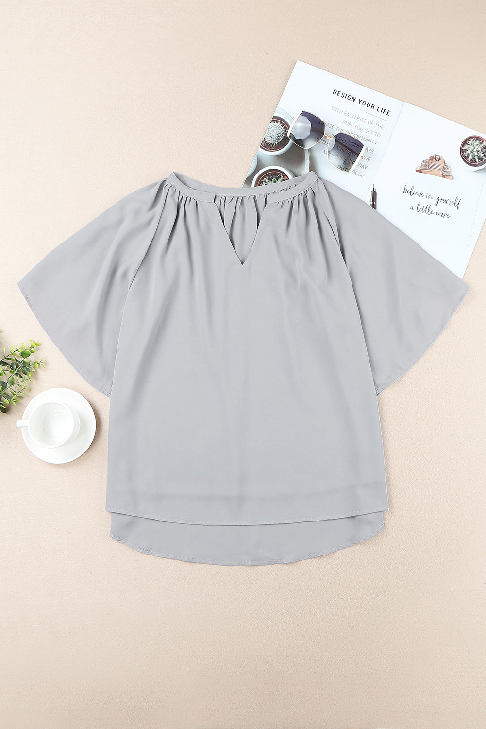 Gathered Detail Notched Neck Flutter Sleeve Top - AMIN Clothing 