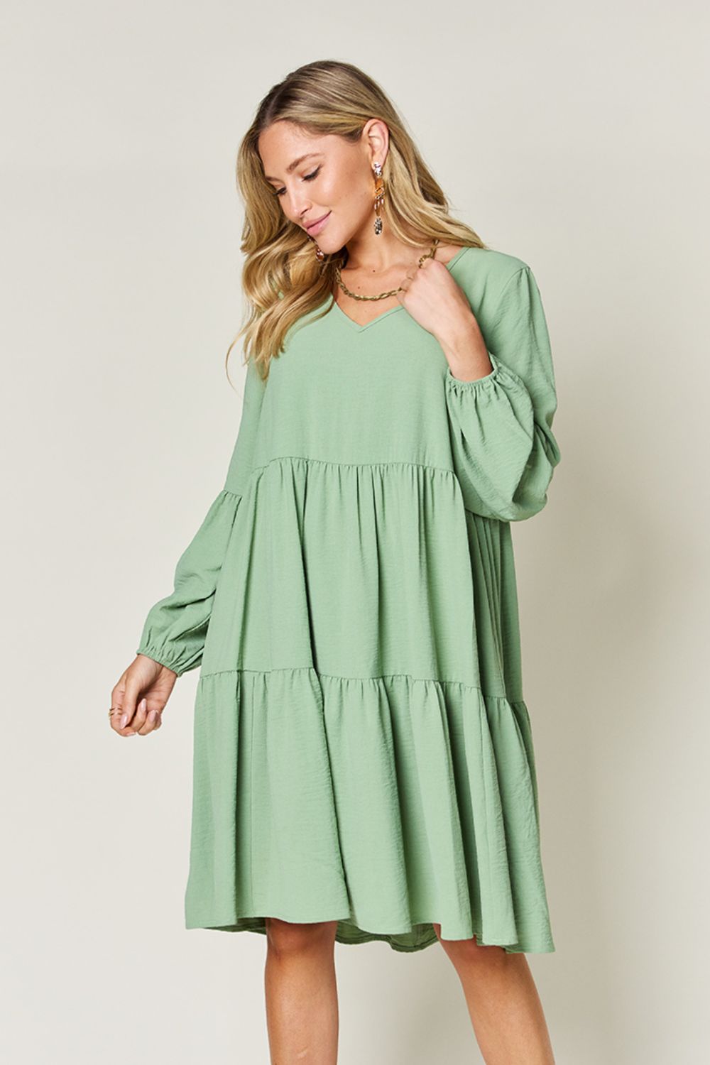 Double Take Full Size V-Neck Balloon Sleeve Tiered Dress with Pockets - AMIN Clothing 