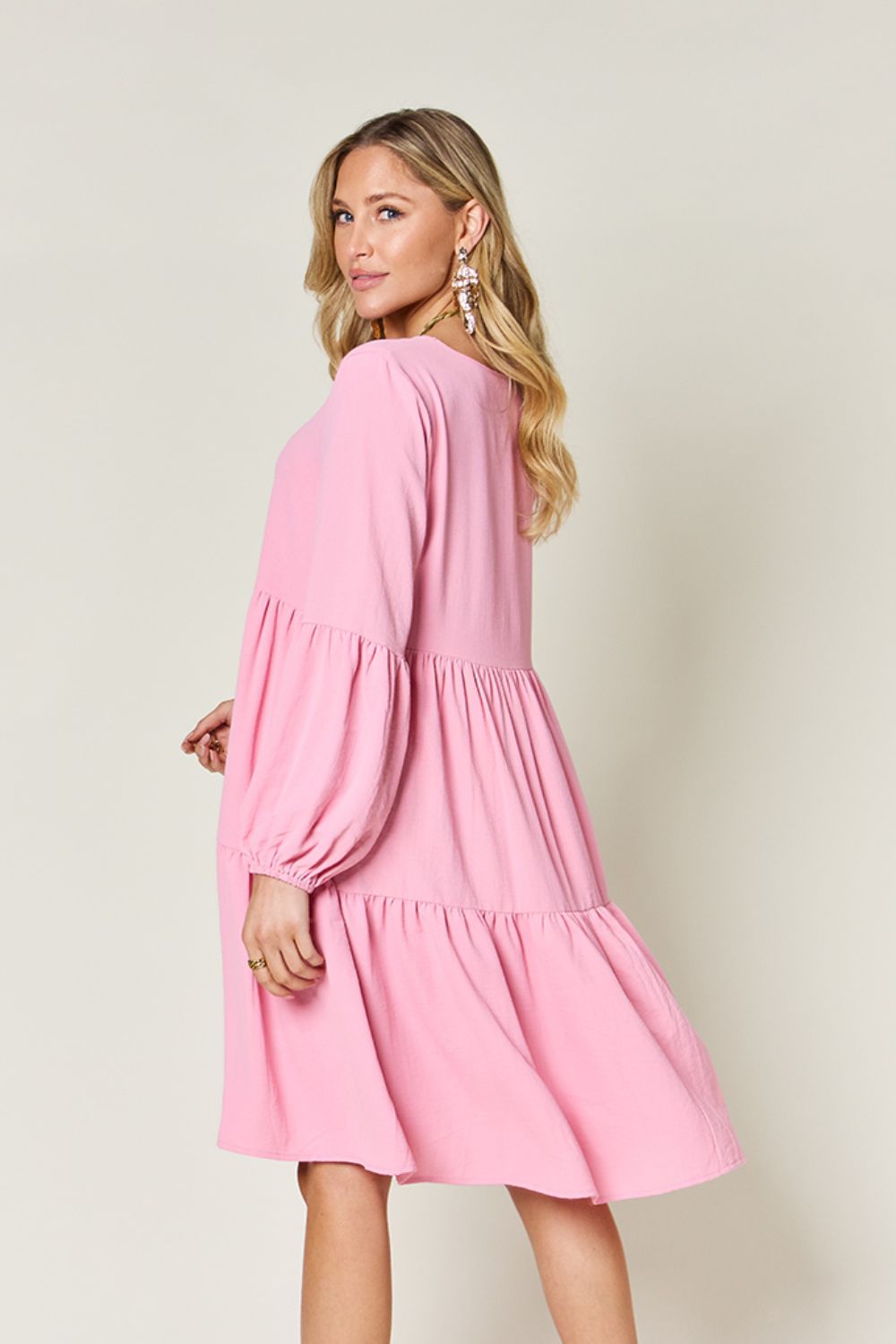 Double Take Full Size V-Neck Balloon Sleeve Tiered Dress with Pockets - AMIN Clothing 