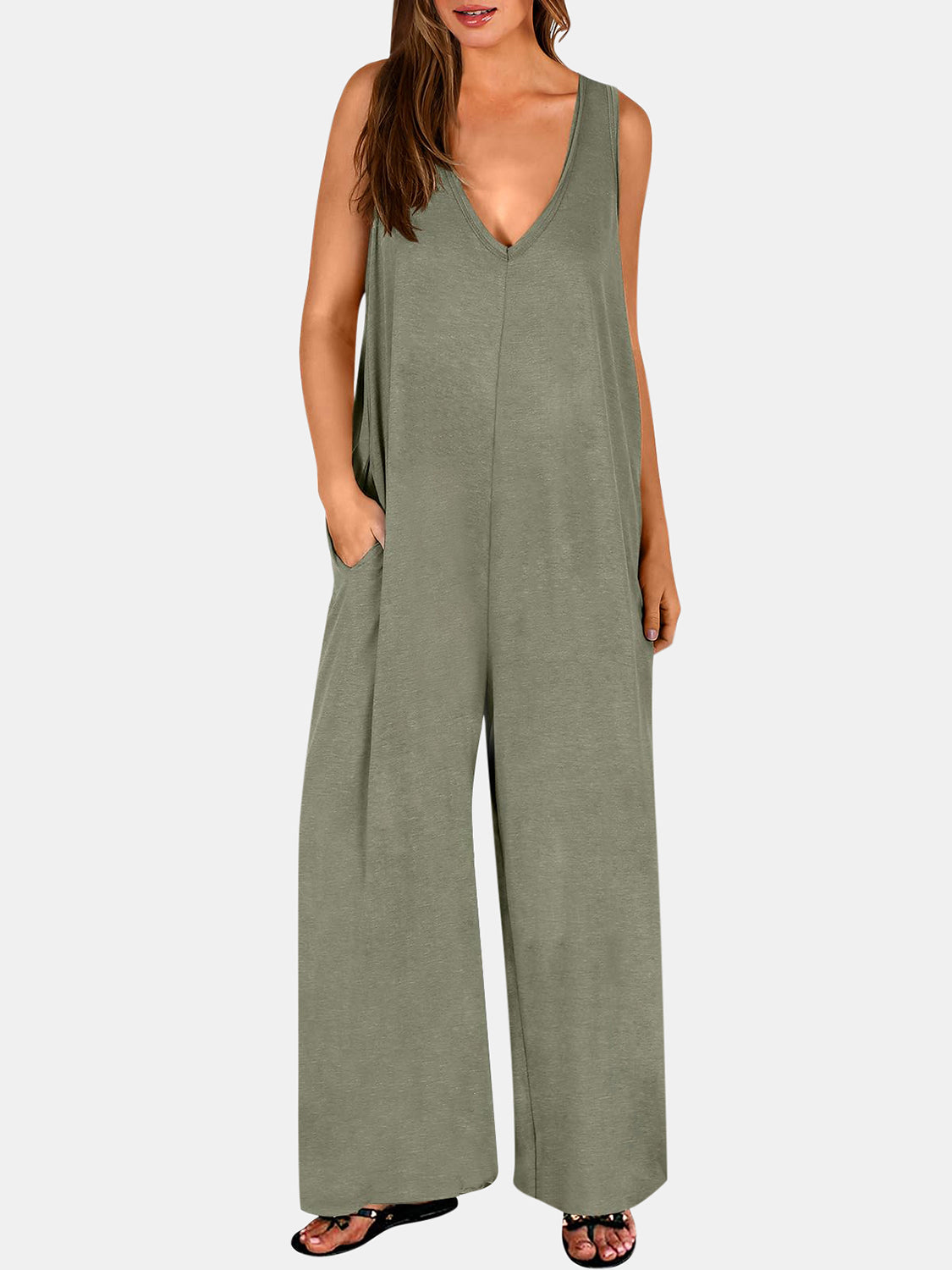 Full Size V-Neck Wide Strap Jumpsuit - AMIN Clothing 