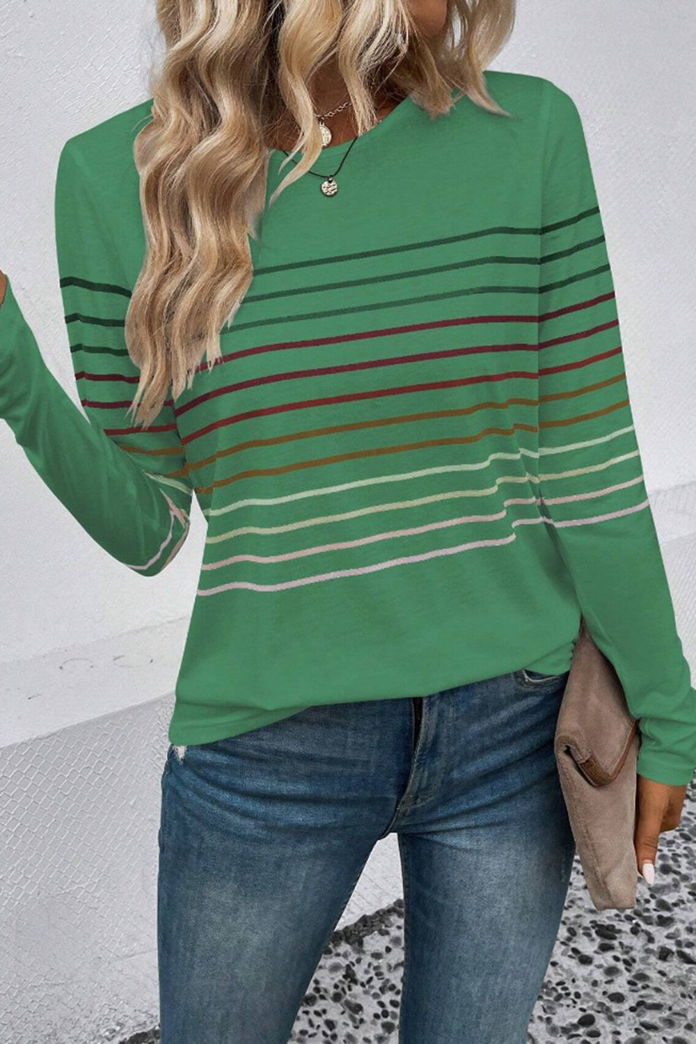 Striped Round Neck Long Sleeve T-Shirt - AMIN Clothing 