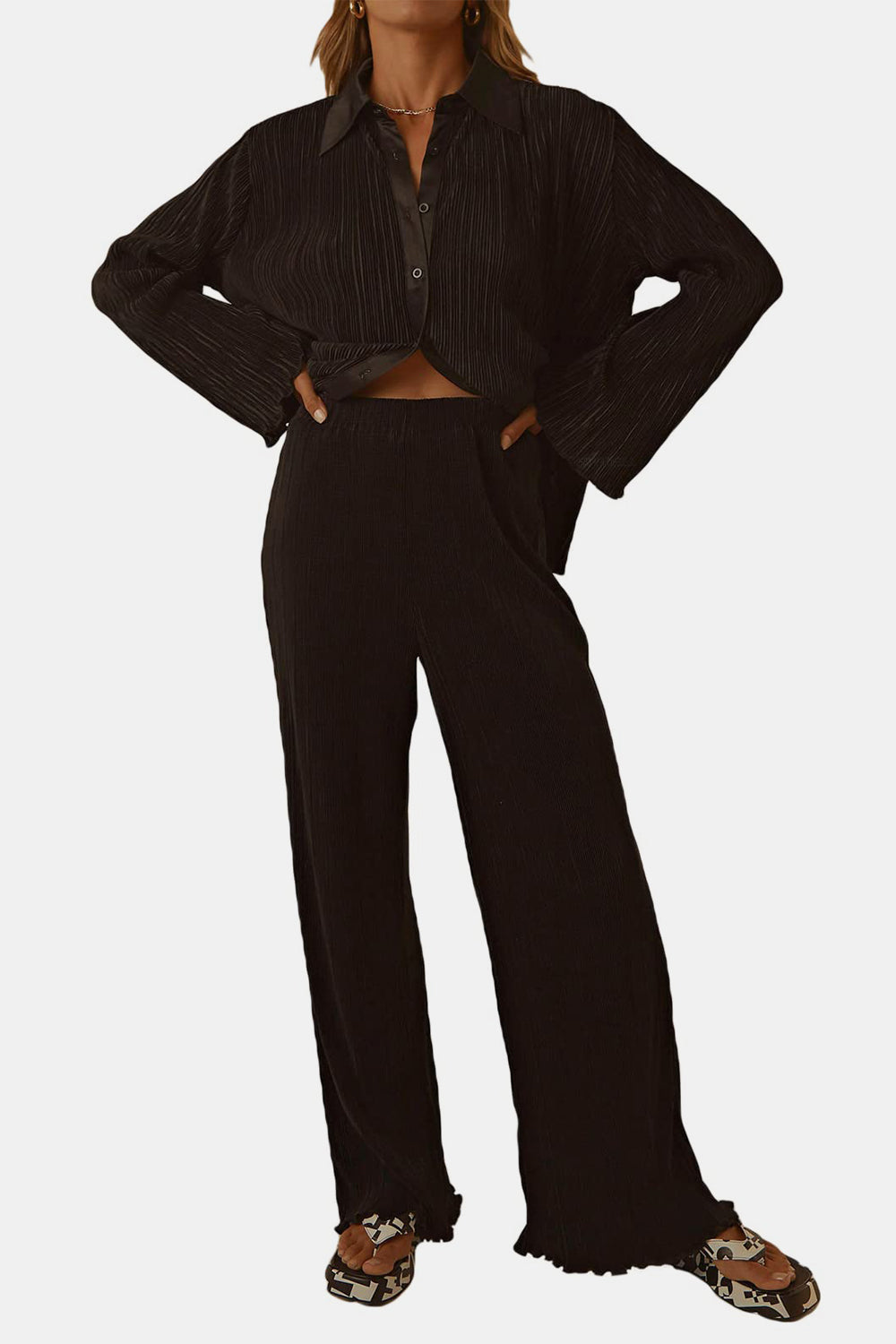 Textured Button Up Collared Neck Top and Pants Set - AMIN Clothing 