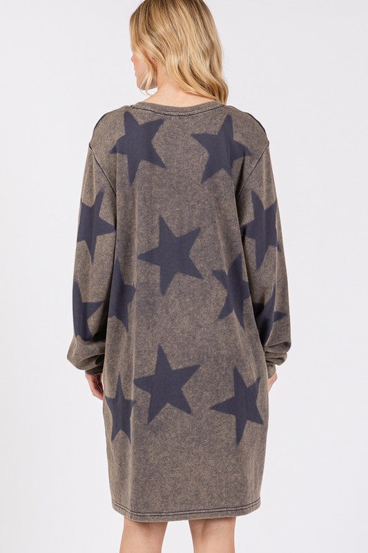 SAGE + FIG Washed Star Print Round Neck Dress - AMIN Clothing 