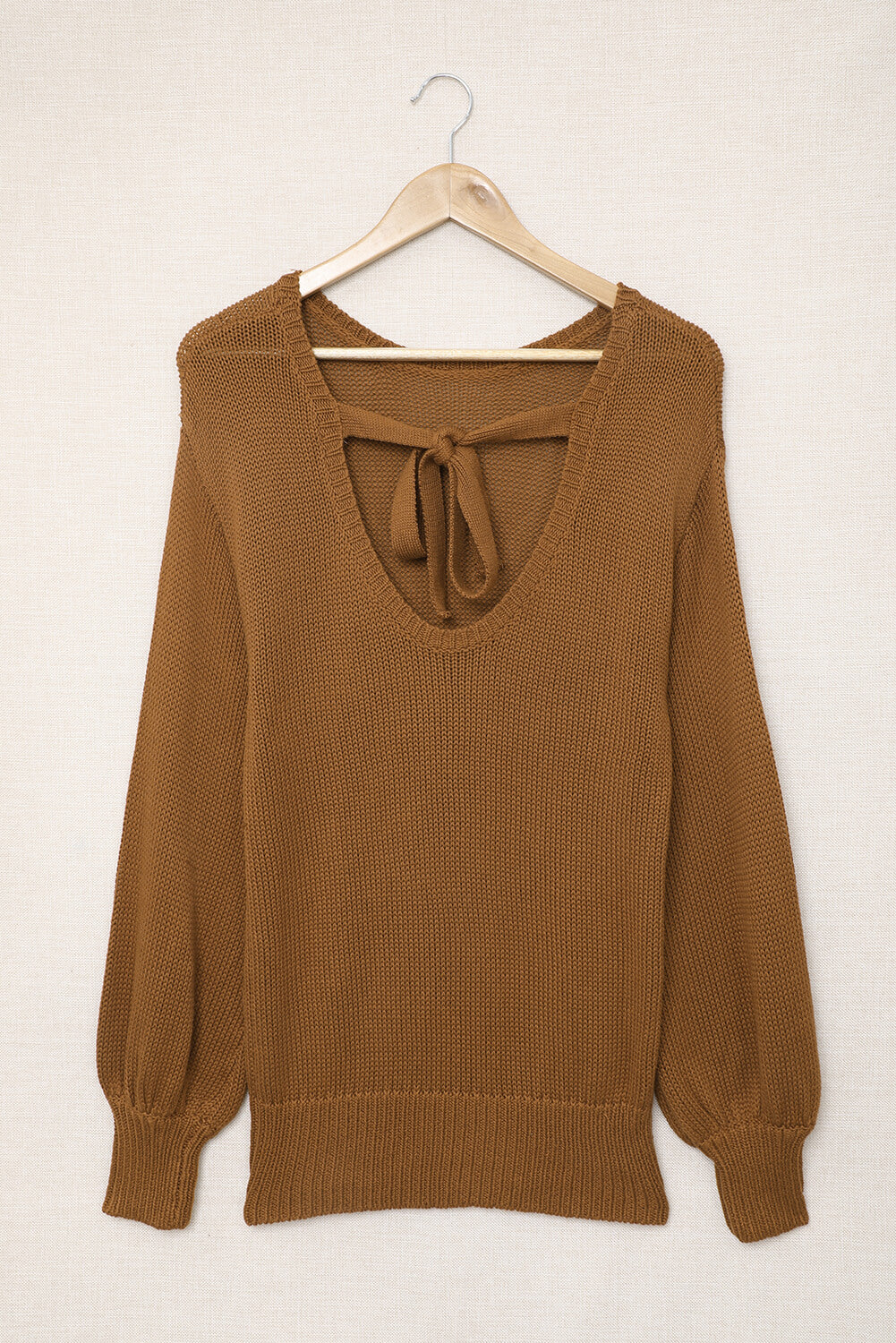 Tied Balloon Sleeve Round Neck Sweater - AMIN Clothing 