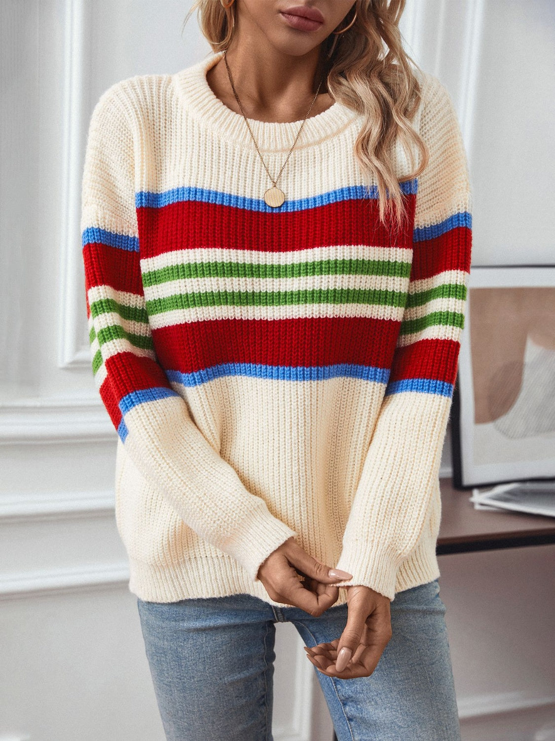 Contrast Stripes Round Neck Long Sleeve Sweater - AMIN Clothing 