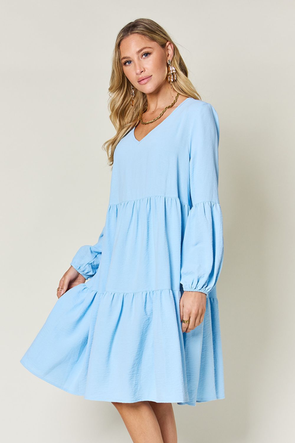 Double Take Full Size V-Neck Balloon Sleeve Tiered Dress with Pockets - AMIN Clothing 