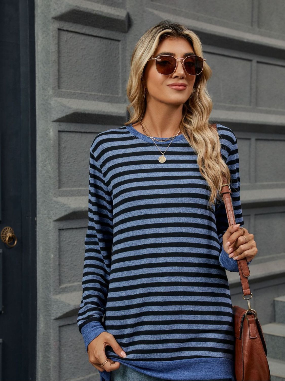 Striped Round Neck Long Sleeve T-Shirt - AMIN Clothing 