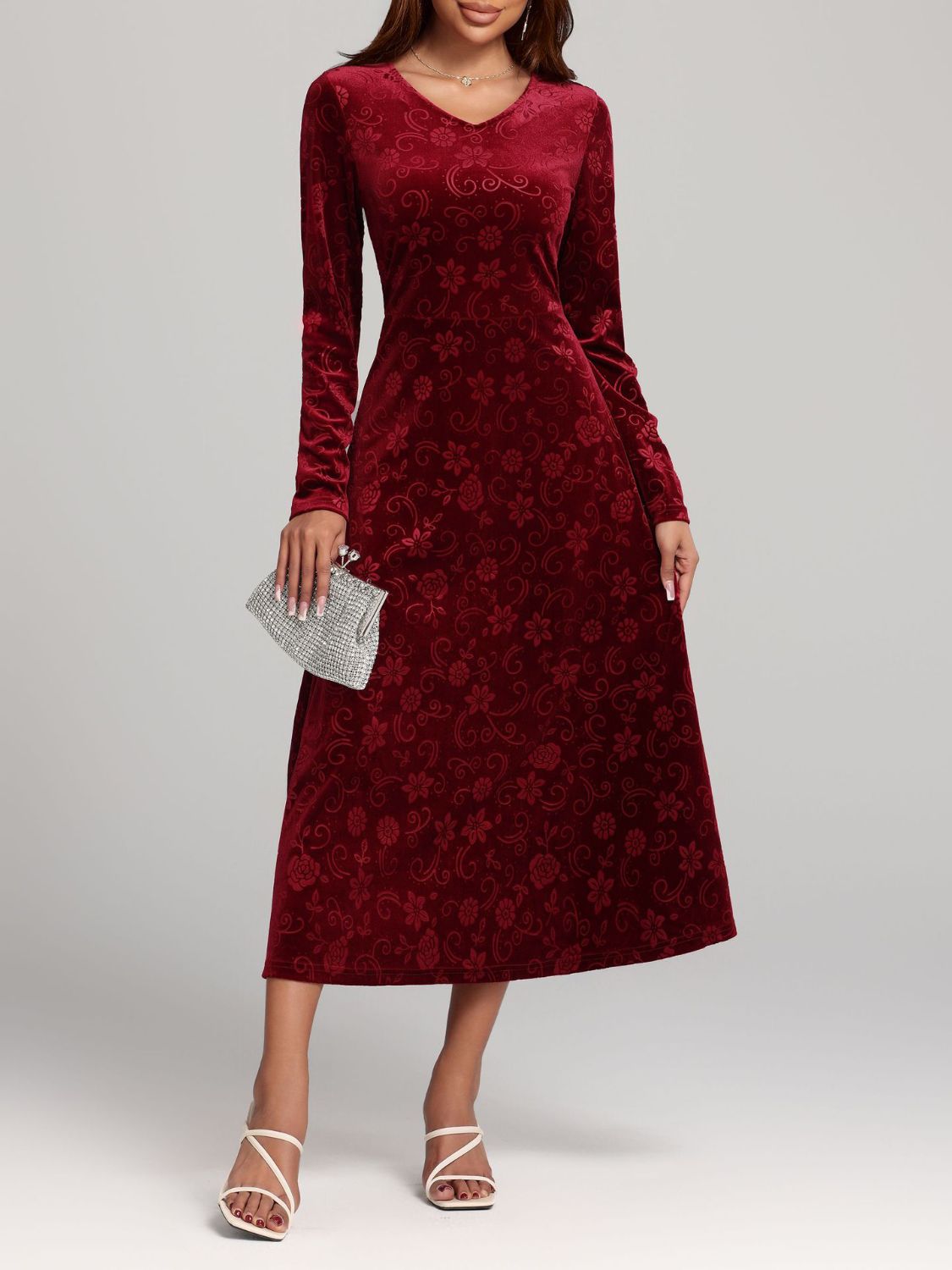 Flower Print V-Neck Long Sleeve Midi Dress - AMIN Clothing 