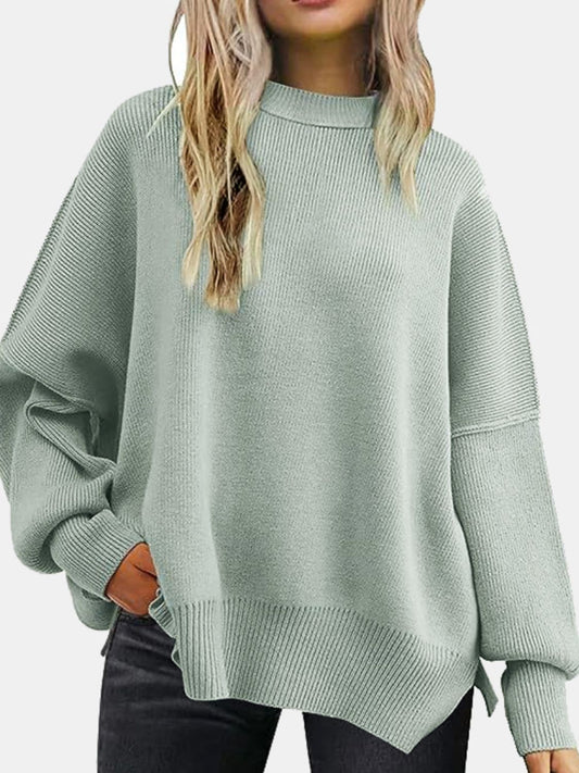 Round Neck Drop Shoulder Slit Sweater - AMIN Clothing 