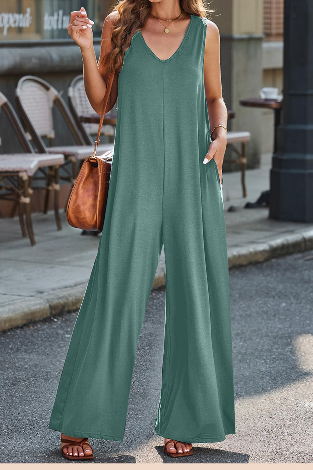 Full Size V-Neck Wide Strap Jumpsuit - AMIN Clothing 