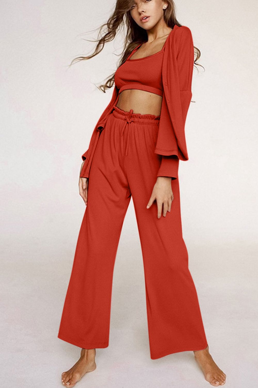 Spaghetti Strap Bra, Open Front Cardigan and Drawstring Pants Set - AMIN Clothing 