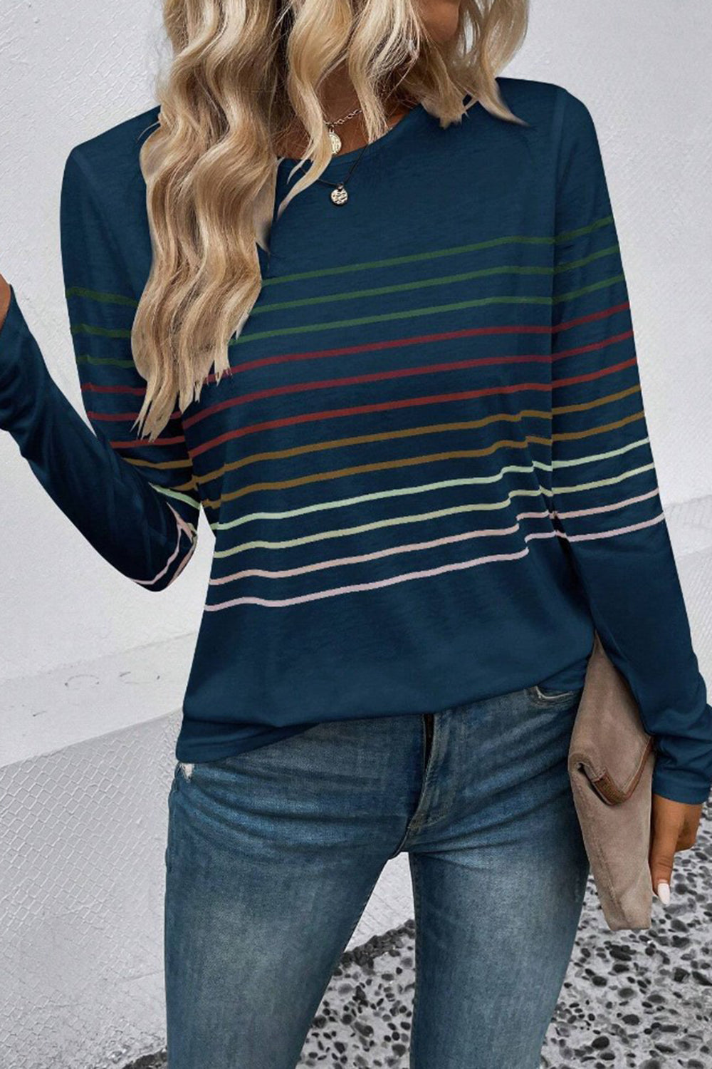 Striped Round Neck Long Sleeve T-Shirt - AMIN Clothing 