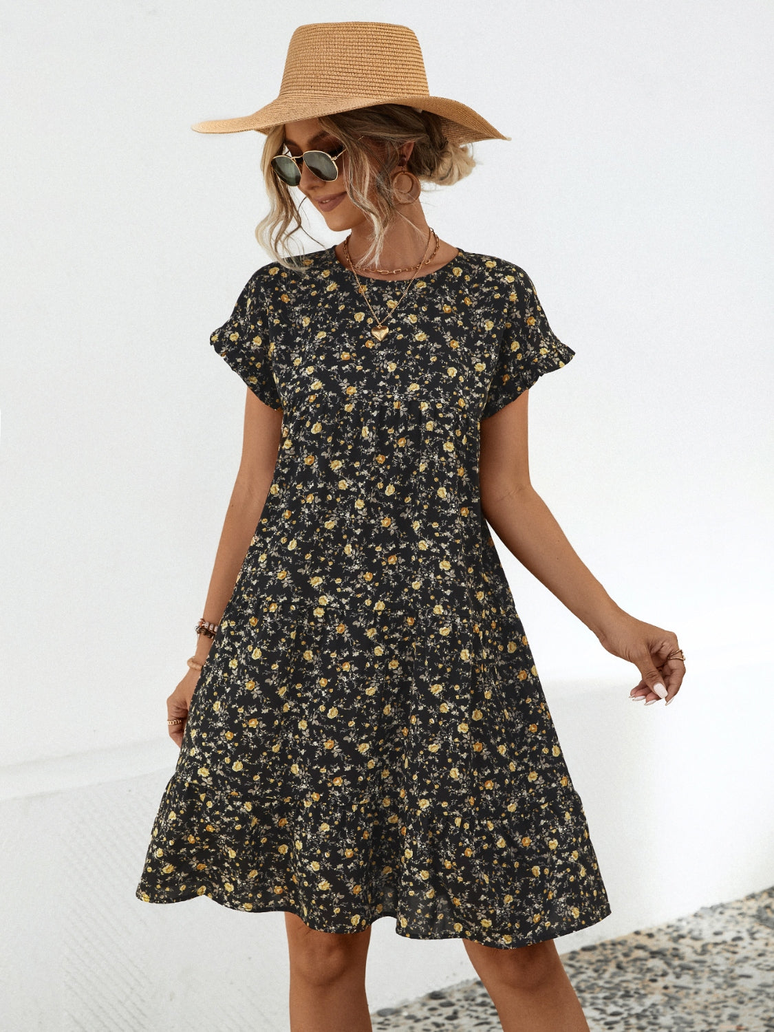 Frill Floral Round Neck Short Sleeve Tiered Dress - AMIN Clothing 